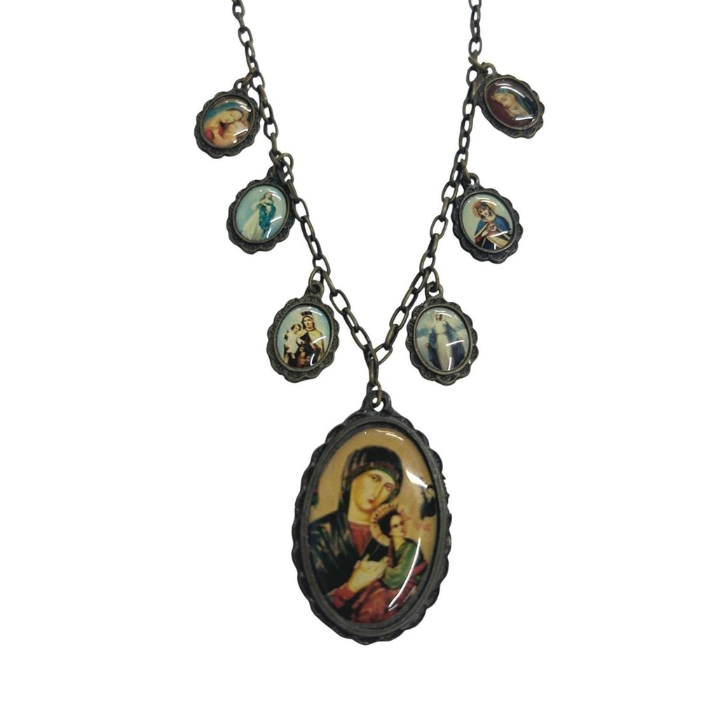 Catholic Saints Virgin Mary‎ Madonna Child Religious Medal Necklace Bronze Tone